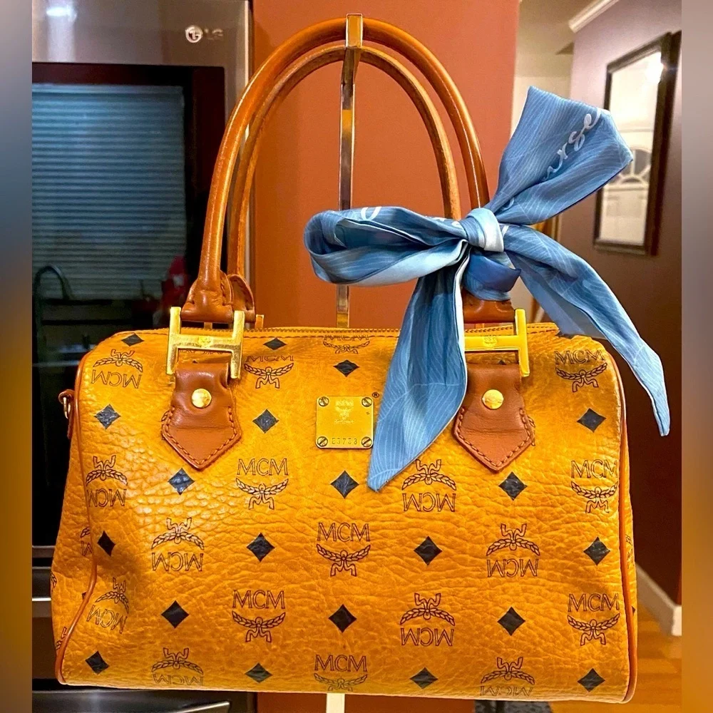 MCM Mini Boston Bag Visetos Brown w:Twilly, EUC